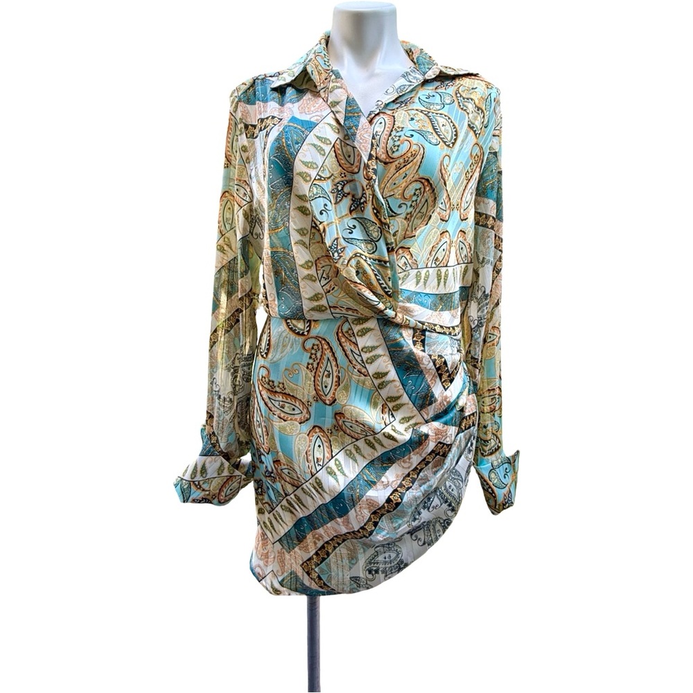 Seashell Paisley Wrap Mini Dress Boho Coastal Chic Long Sleeve